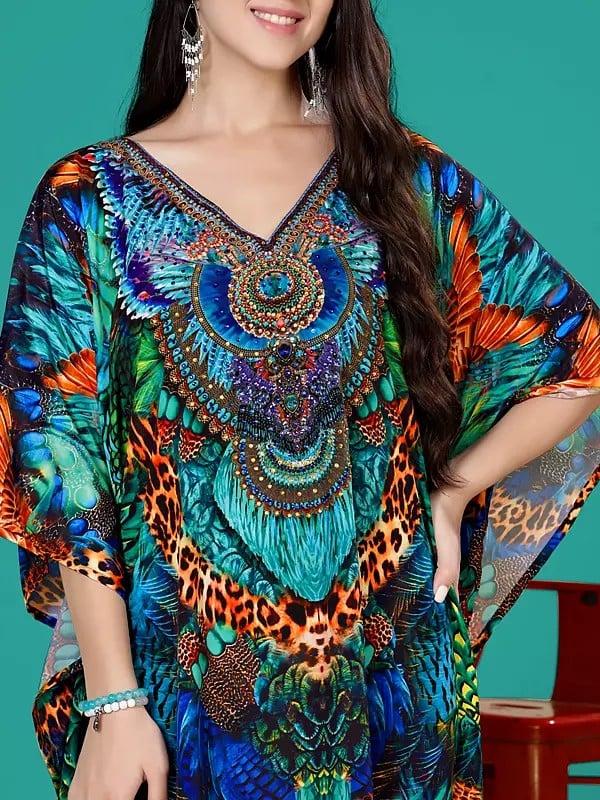 Exotic India Scuba-Blue Animal Print Short Kaftan With Stone Work 