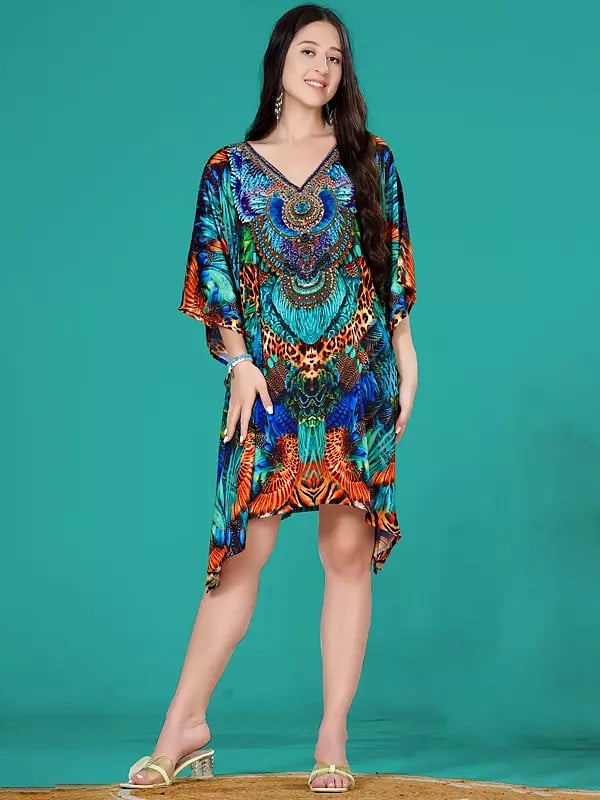 exotic india Scuba-Blue Animal Print Short Kaftan with Stone work 