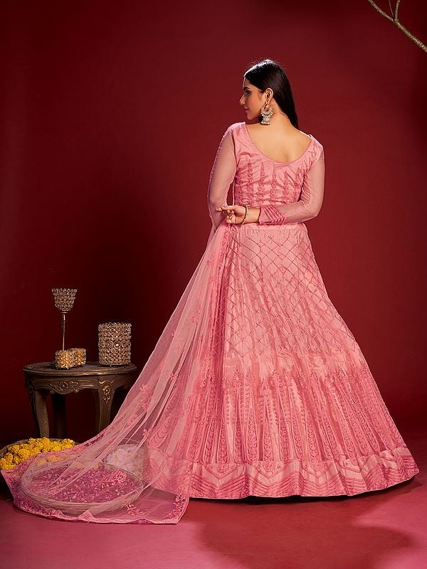 Exotic India Sea-Pink Embroidery Thread Work Designer Wedding Wear Net Lehenga Choli With Matching Dupatta