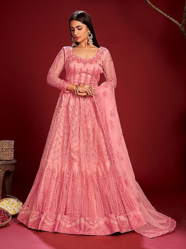 Exotic India Sea-Pink Embroidery Thread Work Designer Wedding Wear Net Lehenga Choli With Matching Dupatta