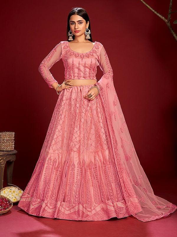 exotic india Sea-Pink Embroidery Thread Work Designer Wedding Wear Net Lehenga Choli With Matching Dupatta 