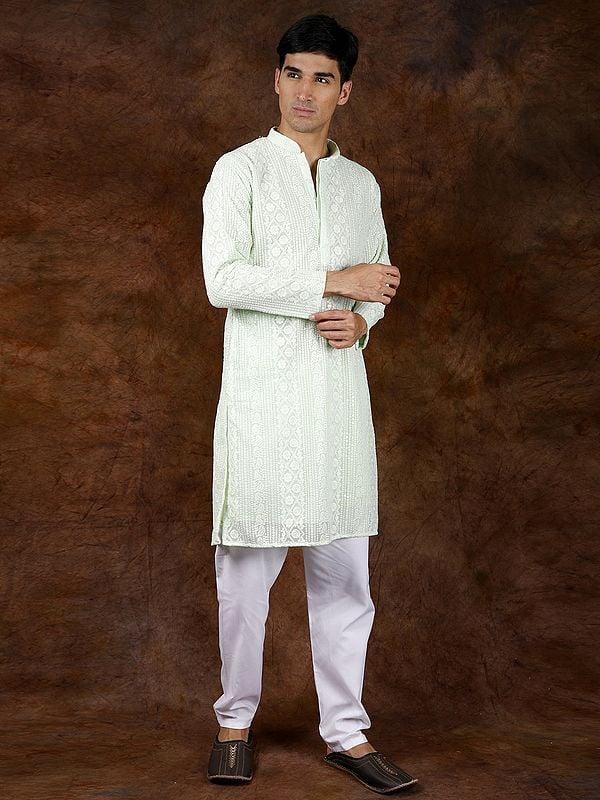 Exotic India Seafoam-Green Lukhnavi Chikankari Embroidered Kurta Pajama With Sequin Work