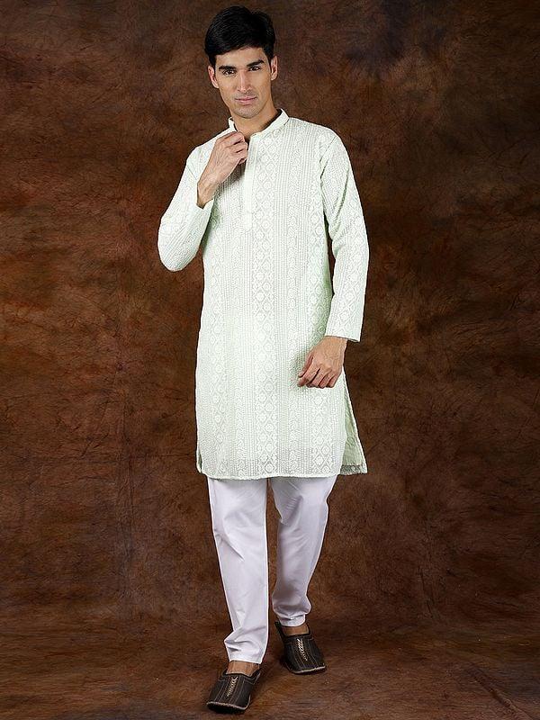 Exotic India Seafoam-Green Lukhnavi Chikankari Embroidered Kurta Pajama With Sequin Work