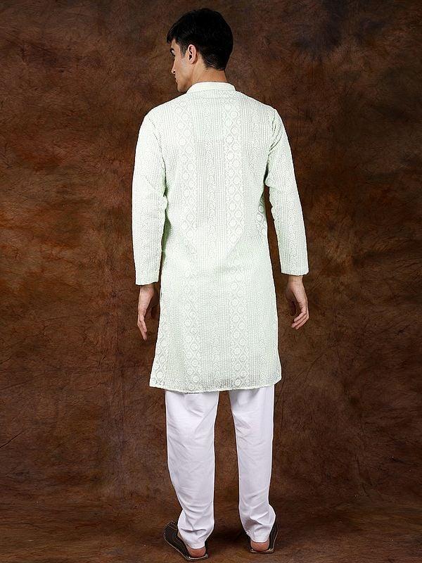 Exotic India Seafoam-Green Lukhnavi Chikankari Embroidered Kurta Pajama With Sequin Work