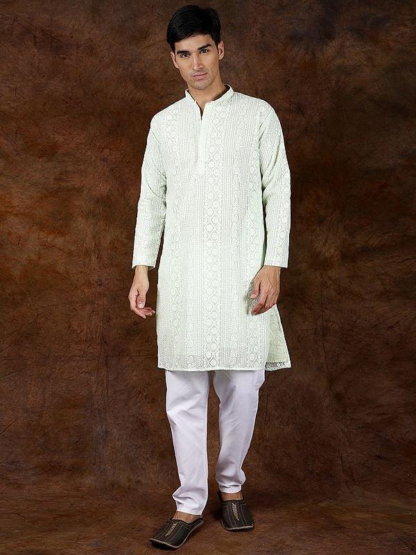 exotic india Seafoam-Green Lukhnavi Chikankari Embroidered Kurta Pajama with Sequin Work 
