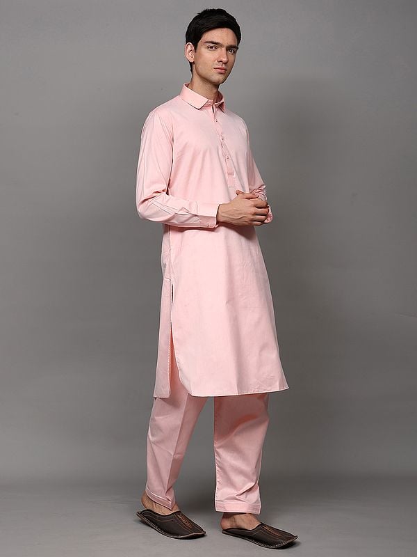 Exotic India Seashell-Pink Polycotton Plain Pathani Kurta Pajama Set 