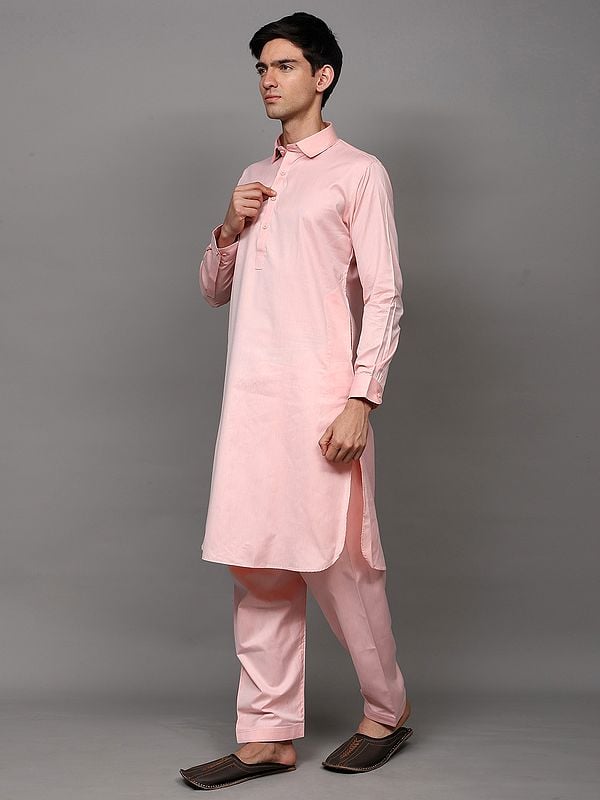 Exotic India Seashell-Pink Polycotton Plain Pathani Kurta Pajama Set 