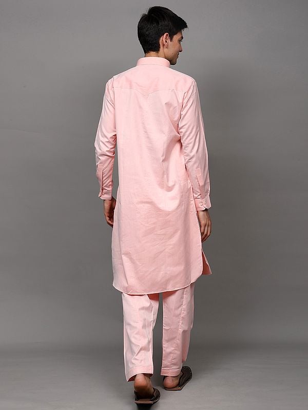 Exotic India Seashell-Pink Polycotton Plain Pathani Kurta Pajama Set 