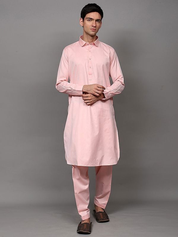 exotic india Seashell-Pink Polycotton Plain Pathani Kurta Pajama Set 