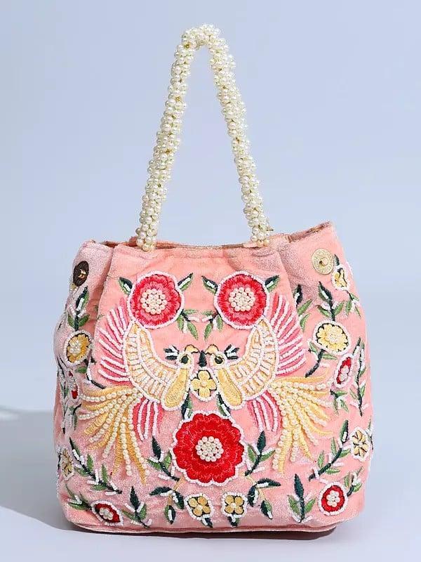 exotic india Seashell-Pink Velvet Bird Embroidered Hand Bag with Beads Work 