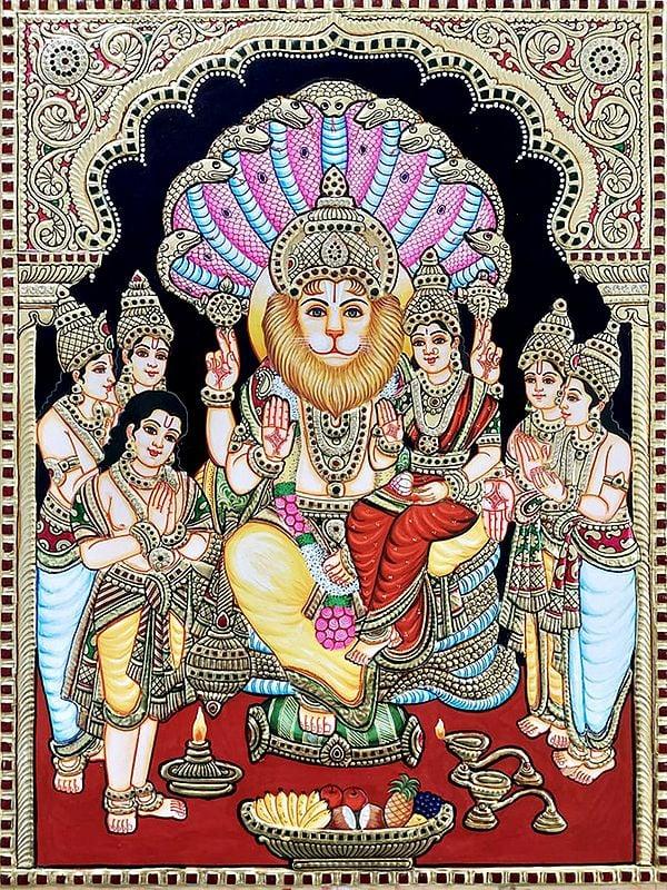 exotic india Seated Narasimha and Lakshmi Tanjore Painting | Traditional Colors with Gold Work 