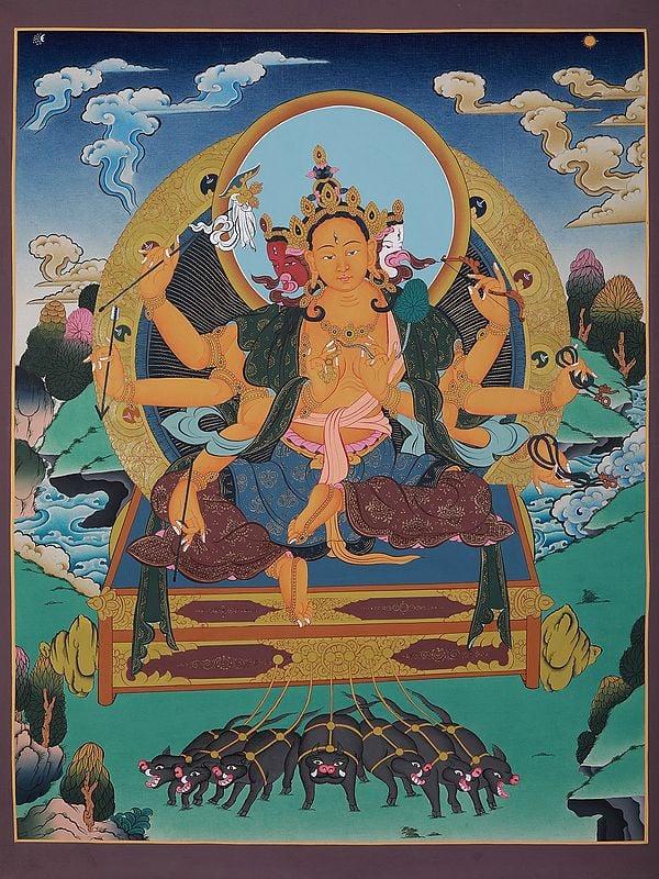 exotic india Seated Vajradhara Buddha | Tibetan Brocadeless Thangka Painting 