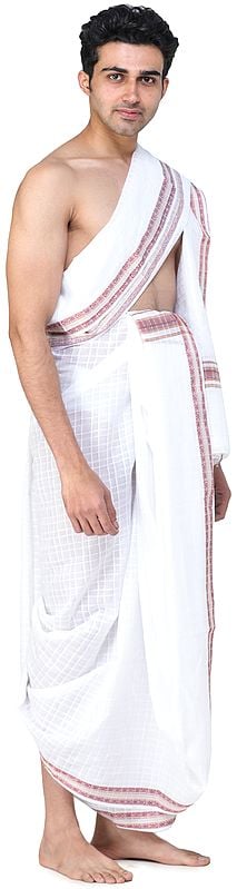 Exotic India Self-Checks Dhoti And Angavastram Set With Multicolored Thread Woven Border 