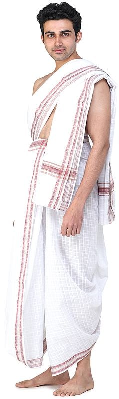 Exotic India Self-Checks Dhoti And Angavastram Set With Multicolored Thread Woven Border 