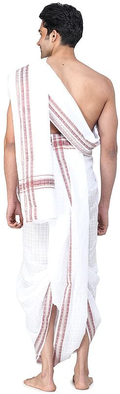 Exotic India Self-Checks Dhoti And Angavastram Set With Multicolored Thread Woven Border 