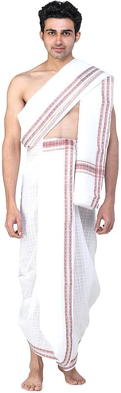 exotic india Self-Checks Dhoti and Angavastram Set with Multicolored Thread Woven Border 
