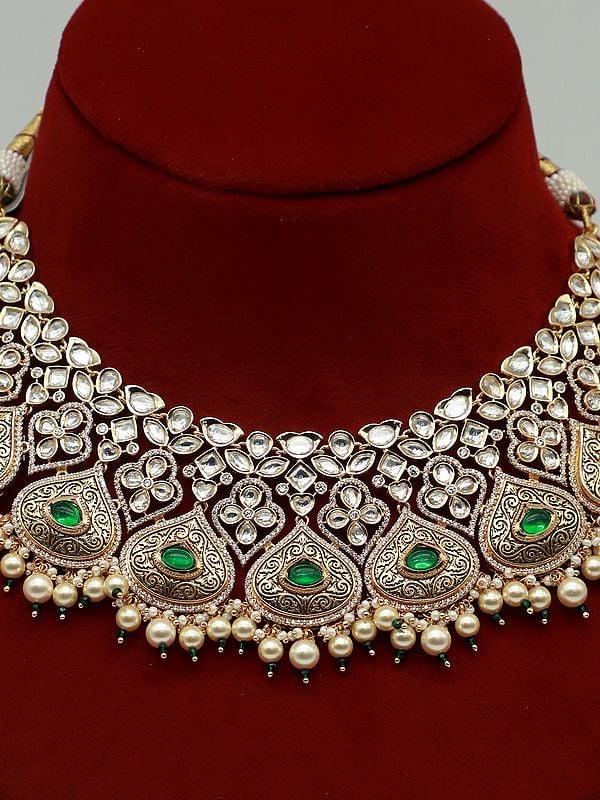Exotic India Semi-Bridal Jewelry Set With Stunning Kundan And Beads
