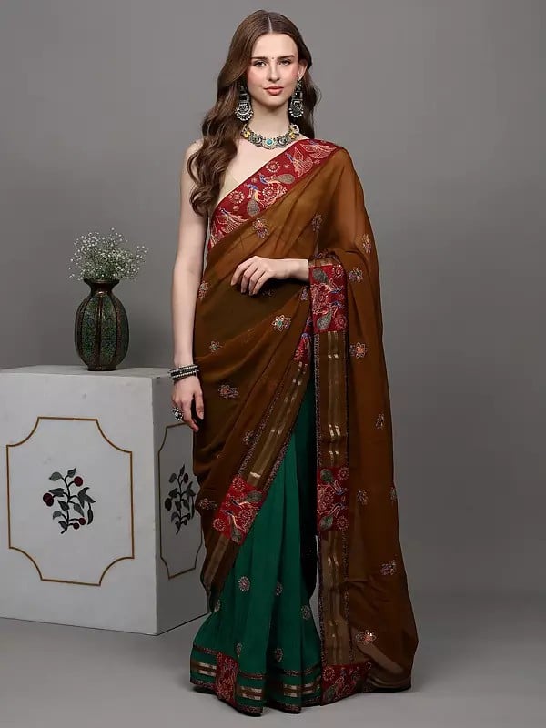 Exotic India Sepia And Green Designer Saree With Sequins Embroidered As Flowers And Peacock Patch Border 