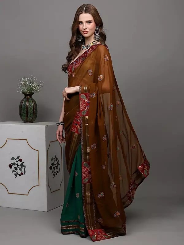 Exotic India Sepia And Green Designer Saree With Sequins Embroidered As Flowers And Peacock Patch Border 