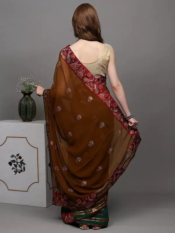Exotic India Sepia And Green Designer Saree With Sequins Embroidered As Flowers And Peacock Patch Border 