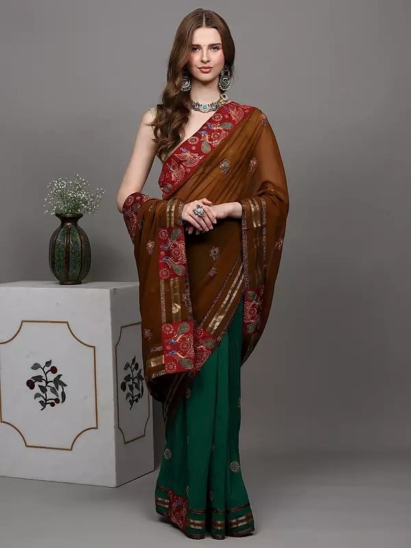exotic india Sepia and Green Designer Saree with Sequins Embroidered as Flowers and Peacock Patch Border 