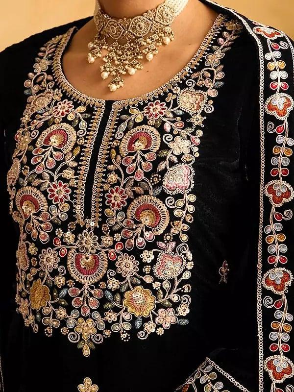 Exotic India Sequins And Beads Embroidery Work Elegant Velvet Palazzo Suit With Matching Dupatta 
