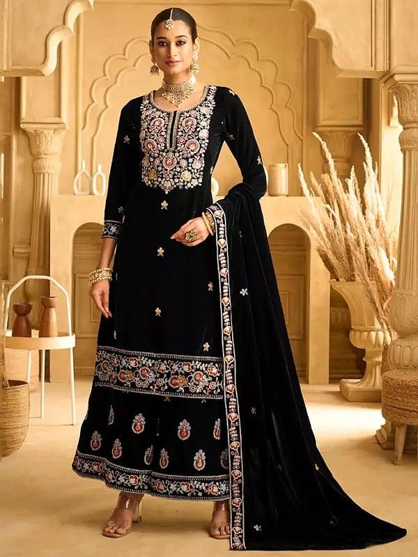 exotic india Sequins And Beads Embroidery Work Elegant Velvet Palazzo Suit With Matching Dupatta 