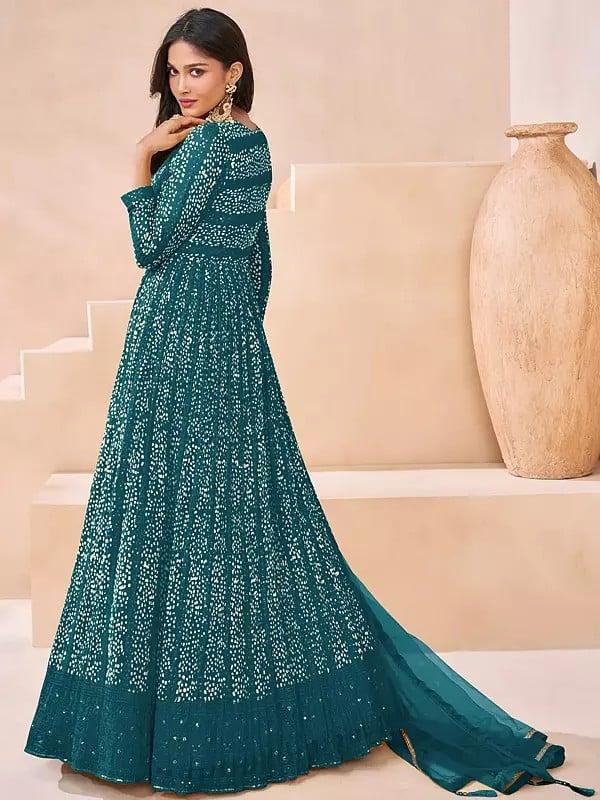 Exotic India Sequins And Embroidery Work Long Georgette Party Wear Gown With Matching Dupatta