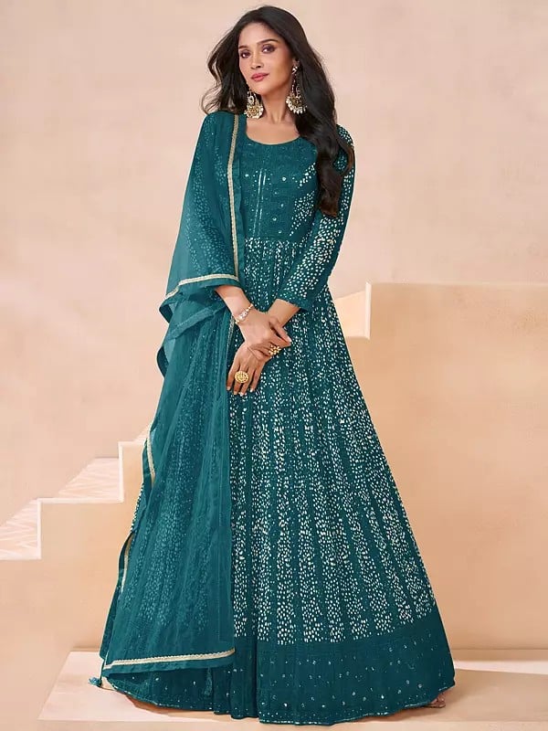 exotic india Sequins And Embroidery Work Long Georgette Party Wear Gown With Matching Dupatta 