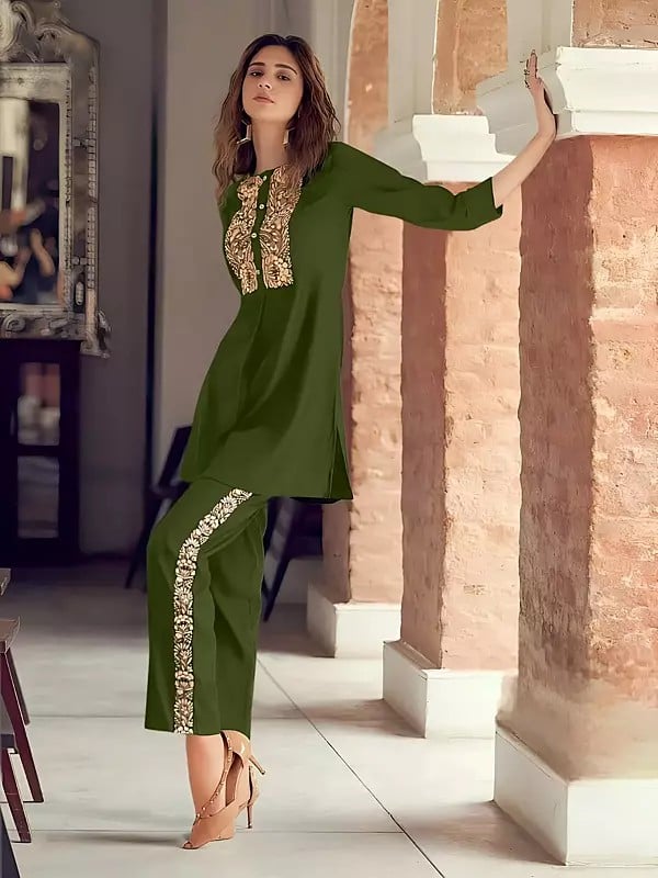 exotic india Sequins And Embroidery Work Top With Bottom Chanderi Co-Ord Set For Casual Occasion
