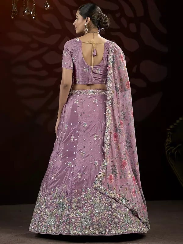 Exotic India Sequins And Thread Embroidery Net Party Wear Lehenga Choli With Flower Pattern Matching Dupatta 