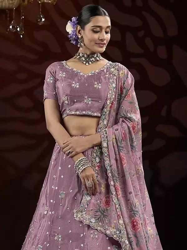 Exotic India Sequins And Thread Embroidery Net Party Wear Lehenga Choli With Flower Pattern Matching Dupatta 