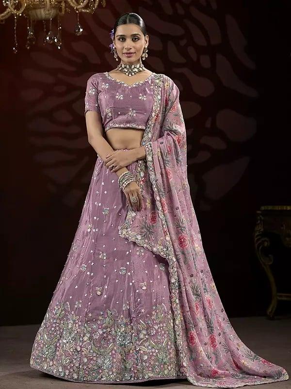 exotic india Sequins And Thread Embroidery Net Party Wear Lehenga Choli With Flower Pattern Matching Dupatta 