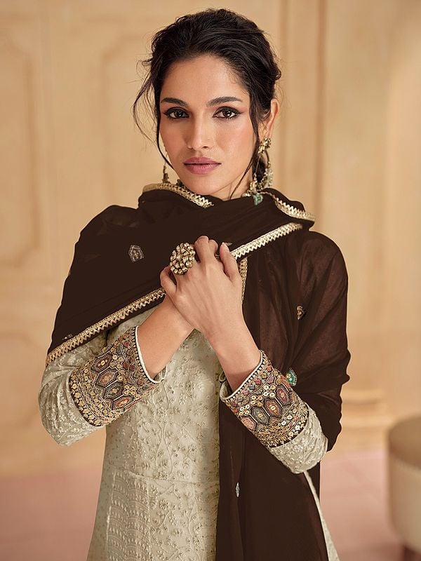 Exotic India Sequins Embroidered Festive Wear Long Georgette Gown With Attractive Dupatta 
