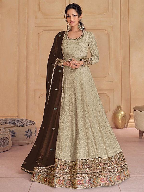 exotic india Sequins Embroidered Festive Wear Long Georgette Gown With Attractive Dupatta 