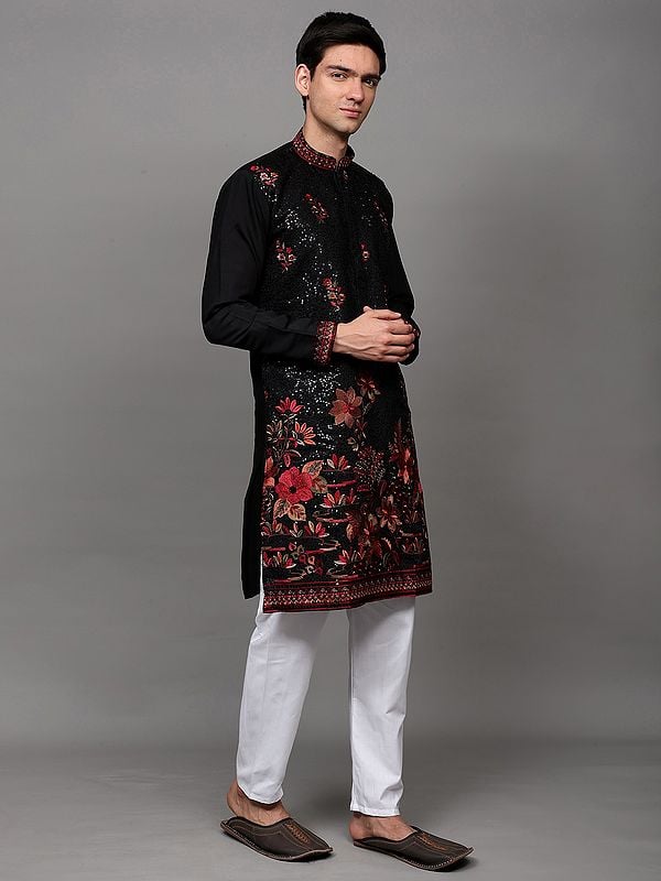 Exotic India Sequins Embroidered Wedding Kurta Pajama With Thread Work Multicolored Flowers 