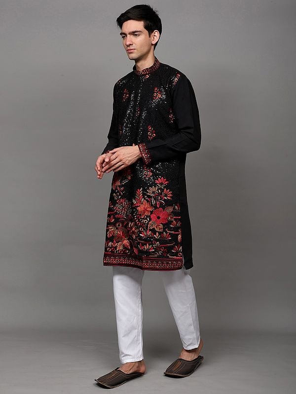Exotic India Sequins Embroidered Wedding Kurta Pajama With Thread Work Multicolored Flowers 