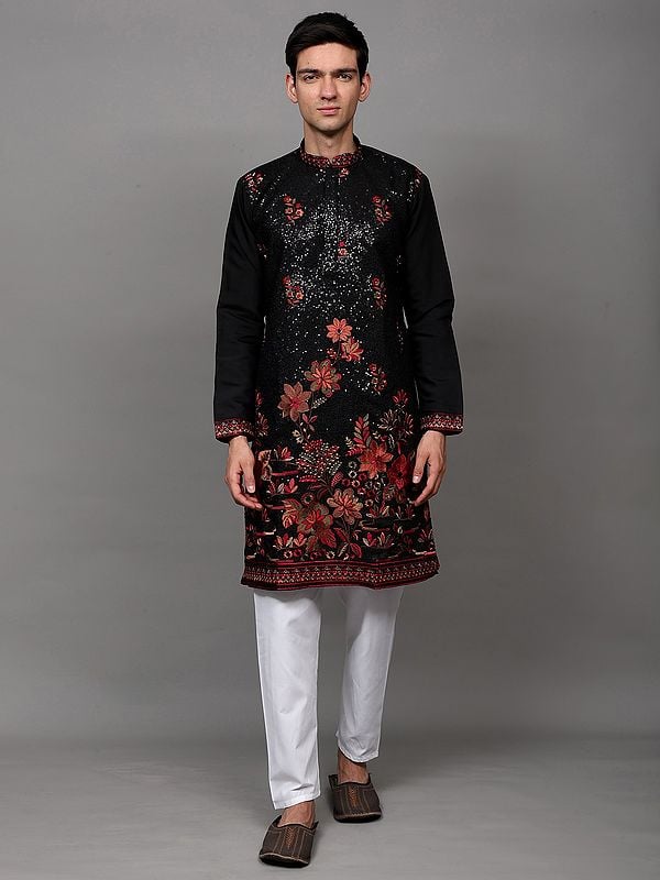 exotic india Sequins Embroidered Wedding Kurta Pajama with Thread work Multicolored Flowers 