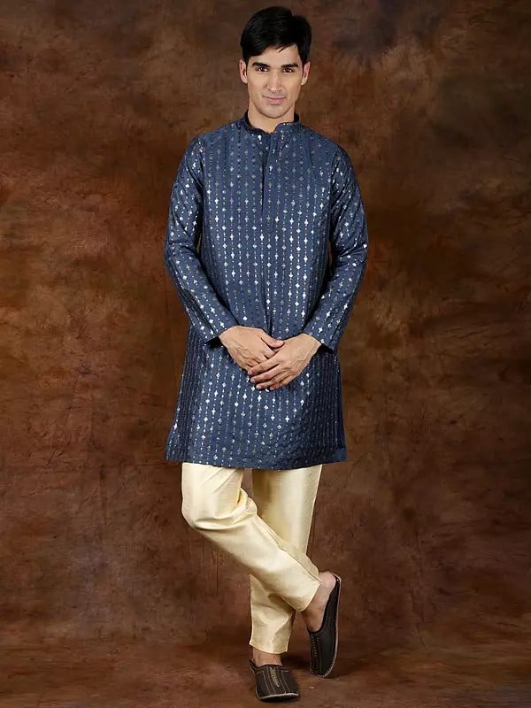 Exotic India Sequins Embroidered Wedding Kurta With Cream Pajama 