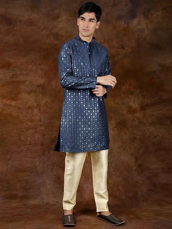 Exotic India Sequins Embroidered Wedding Kurta With Cream Pajama 