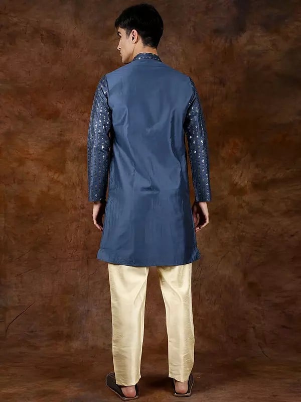 Exotic India Sequins Embroidered Wedding Kurta With Cream Pajama 
