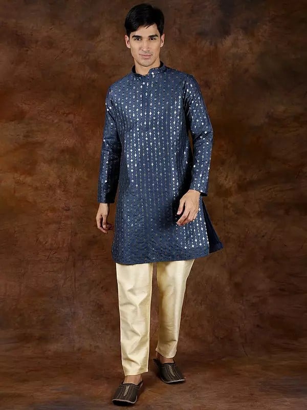 exotic india Sequins Embroidered Wedding Kurta with Cream Pajama 