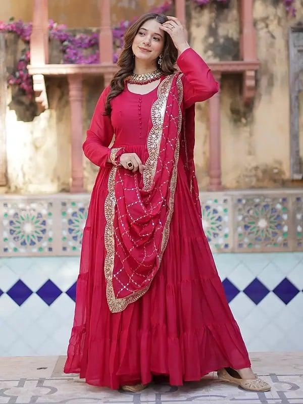 Exotic India Sequins Embroidered Work Star Georgette Party Wear A Line Gown With Matching Dupatta