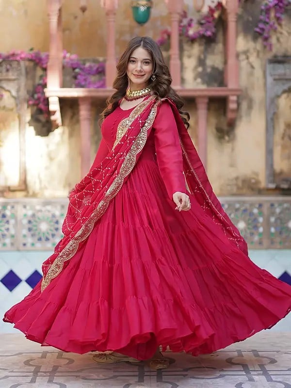 Exotic India Sequins Embroidered Work Star Georgette Party Wear A Line Gown With Matching Dupatta