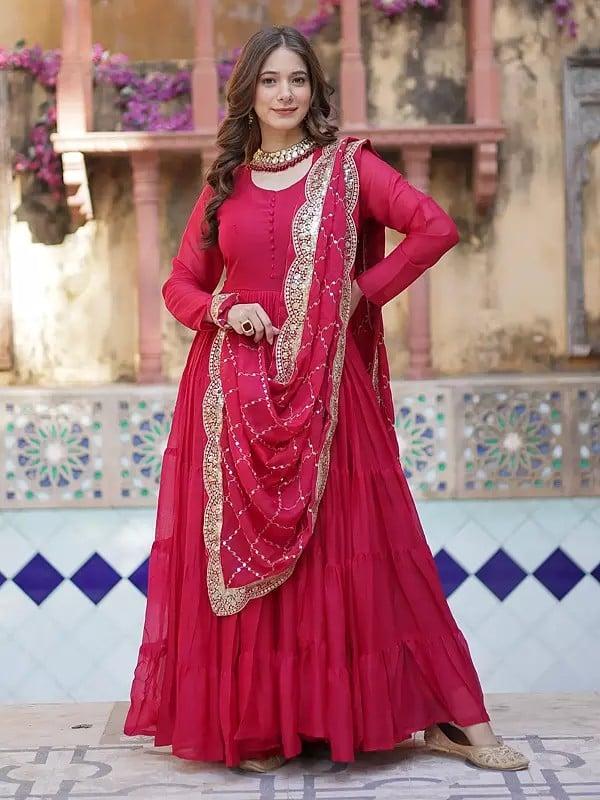 exotic india Sequins Embroidered Work Star Georgette Party Wear A Line Gown With Matching Dupatta