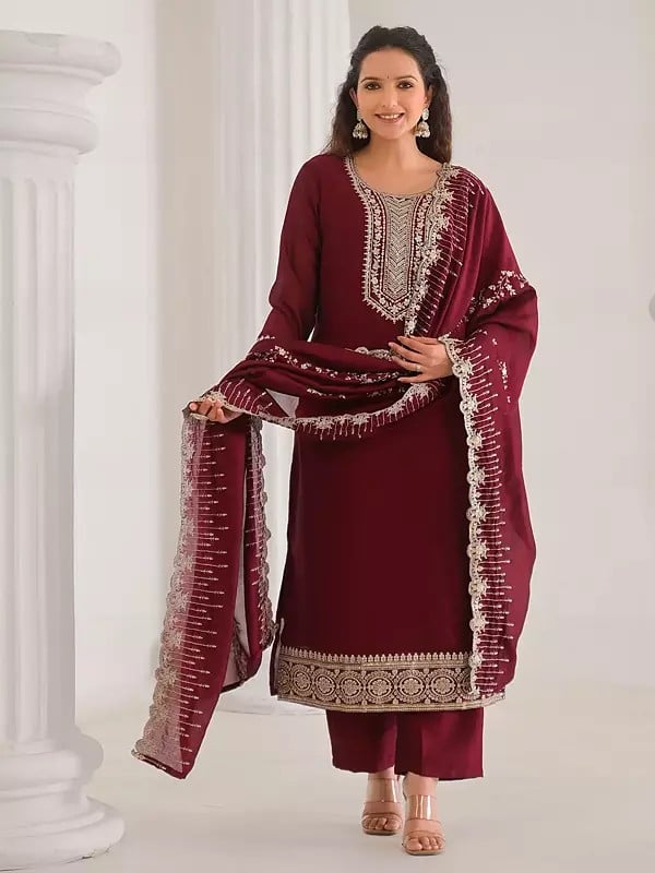 Exotic India Sequins Work Attractive Vichitra Silk Kurta Set With Chinon Matching Dupatta