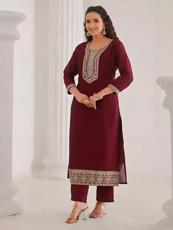 Exotic India Sequins Work Attractive Vichitra Silk Kurta Set With Chinon Matching Dupatta