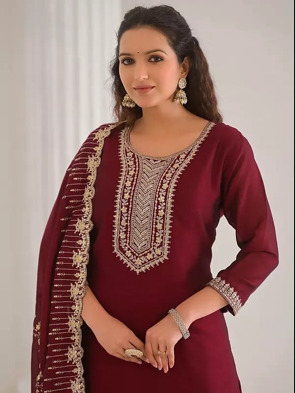 Exotic India Sequins Work Attractive Vichitra Silk Kurta Set With Chinon Matching Dupatta