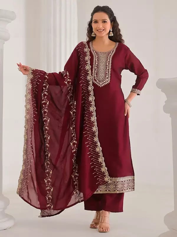 exotic india Sequins Work Attractive Vichitra Silk Kurta Set With Chinon Matching Dupatta 