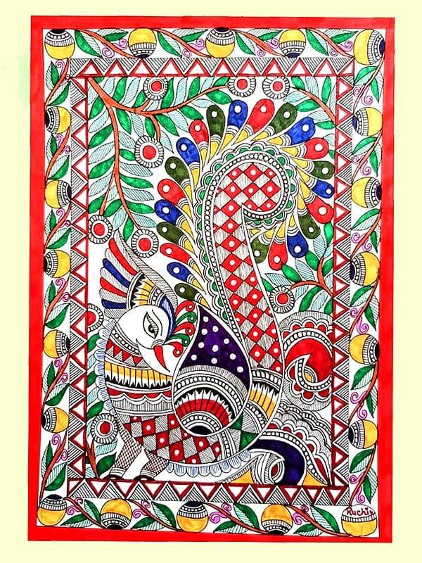 Exotic India Set Of 3 Peacocks Madhubani Painting | Alcohol Markers And Fineliners On Paper | By Ruchi